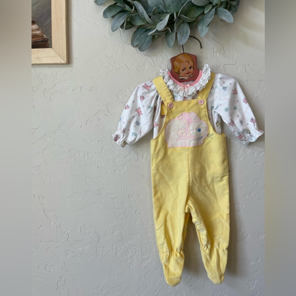 Vintage Easter bunny overalls shirt outfit baby girl